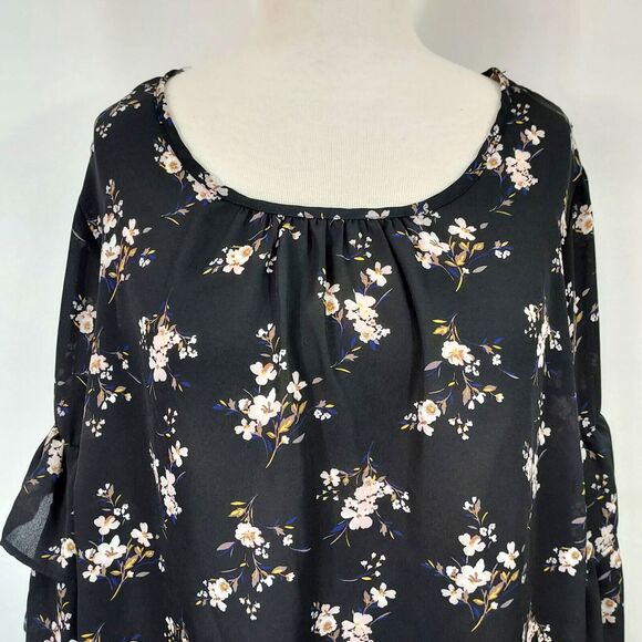 Moa Moa Shirt Top Flowy Black Floral Womens Plus Size 1X Layered Sleeve Keyhole - Picture 3 of 14